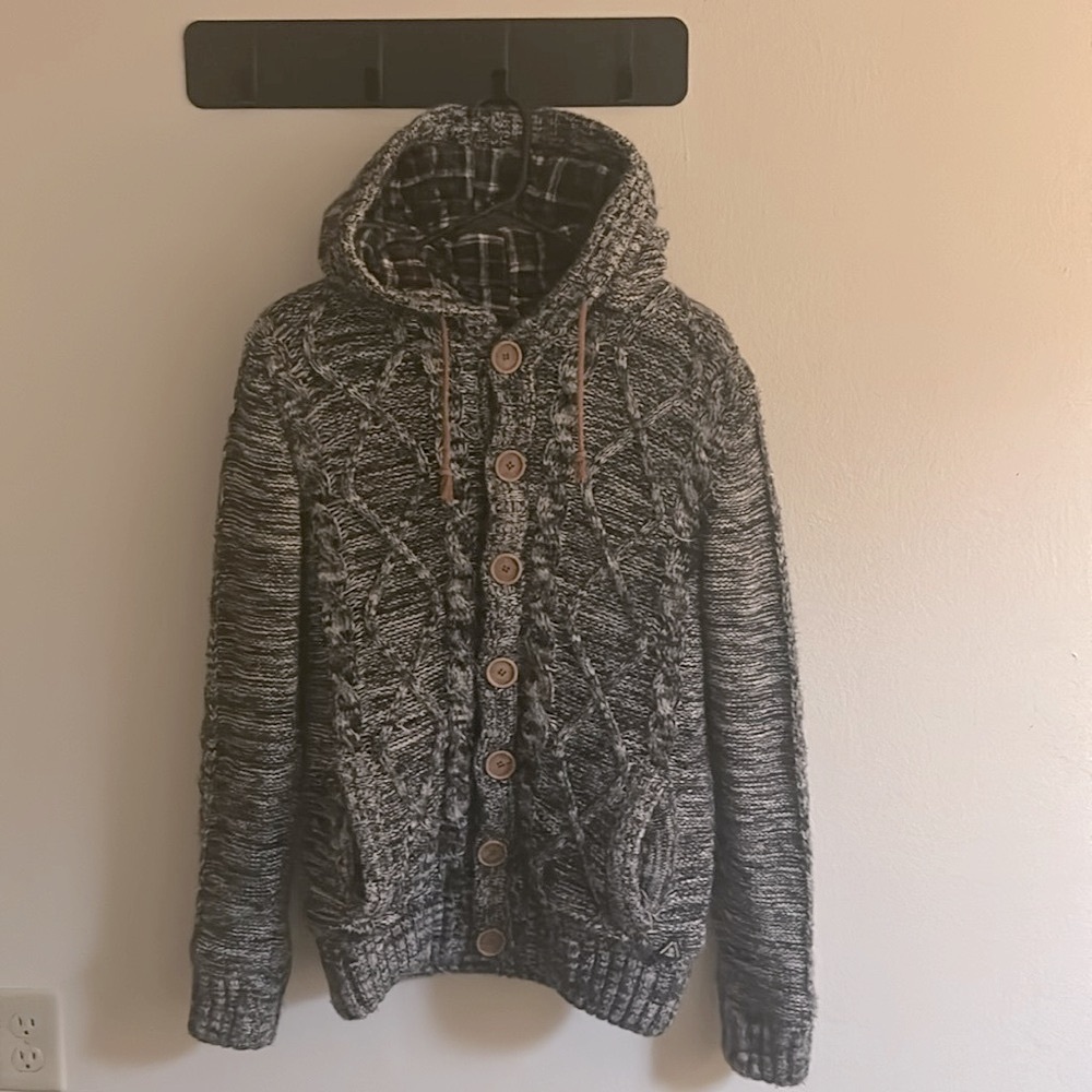 American Stitch Monochrome Knit Hooded Cardigan Heavy Sweater Elbow Patch Jacket
